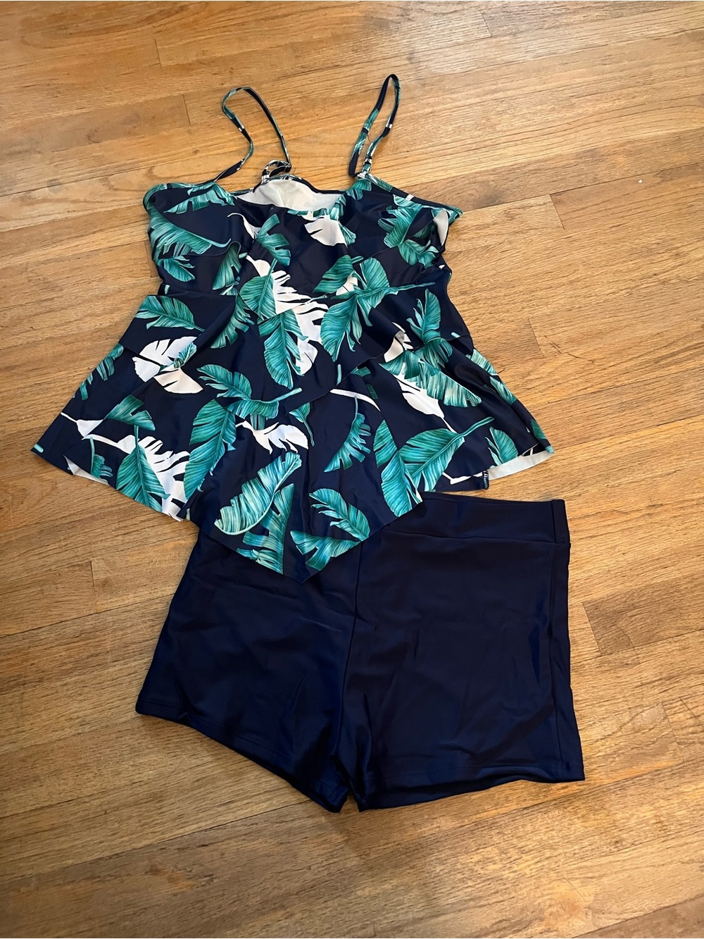 SHEIN Navy Green White Tropical Leaf Tankini with Navy Swim Shorts